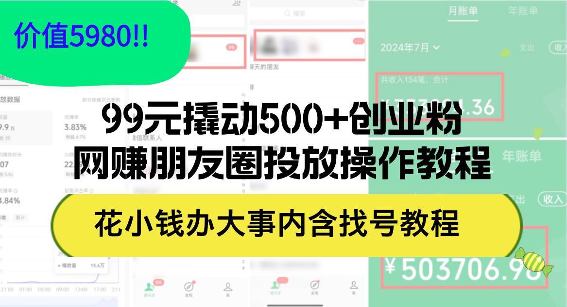 99元撬动500+创业粉，网赚朋友圈投放操作教程价值5980！花小钱办大事内…-搞钱帮